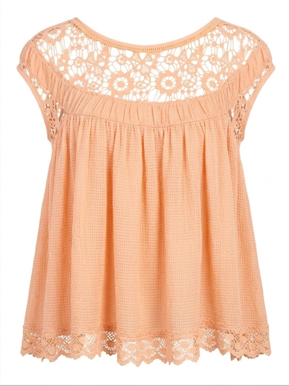 Free People Waffle Knit Lace Top Peach Boho Coquette Cottagecore XS